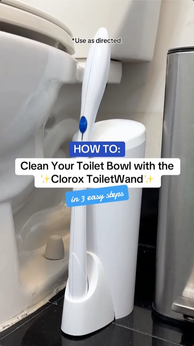 Clean Your Toilet Bowl with the Clorox ToiletWand in 3 easy steps. Caddy and wand on bathroom floor.