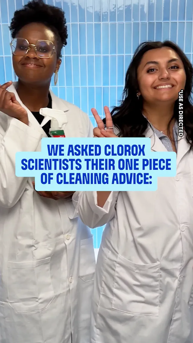The words: We asked Clorox Scientists their one piece of advice. Two people in lab coats.